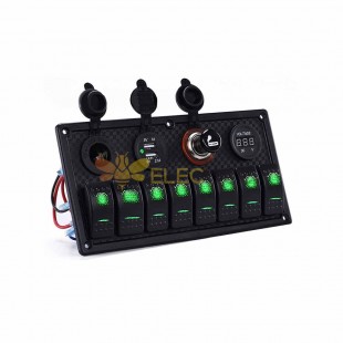 Waterproof Combination Control Panel 8 Switches for Cars Caravans Yachts with Digital Voltage Display Dual USB Ports Lighter Socket Green Illumination