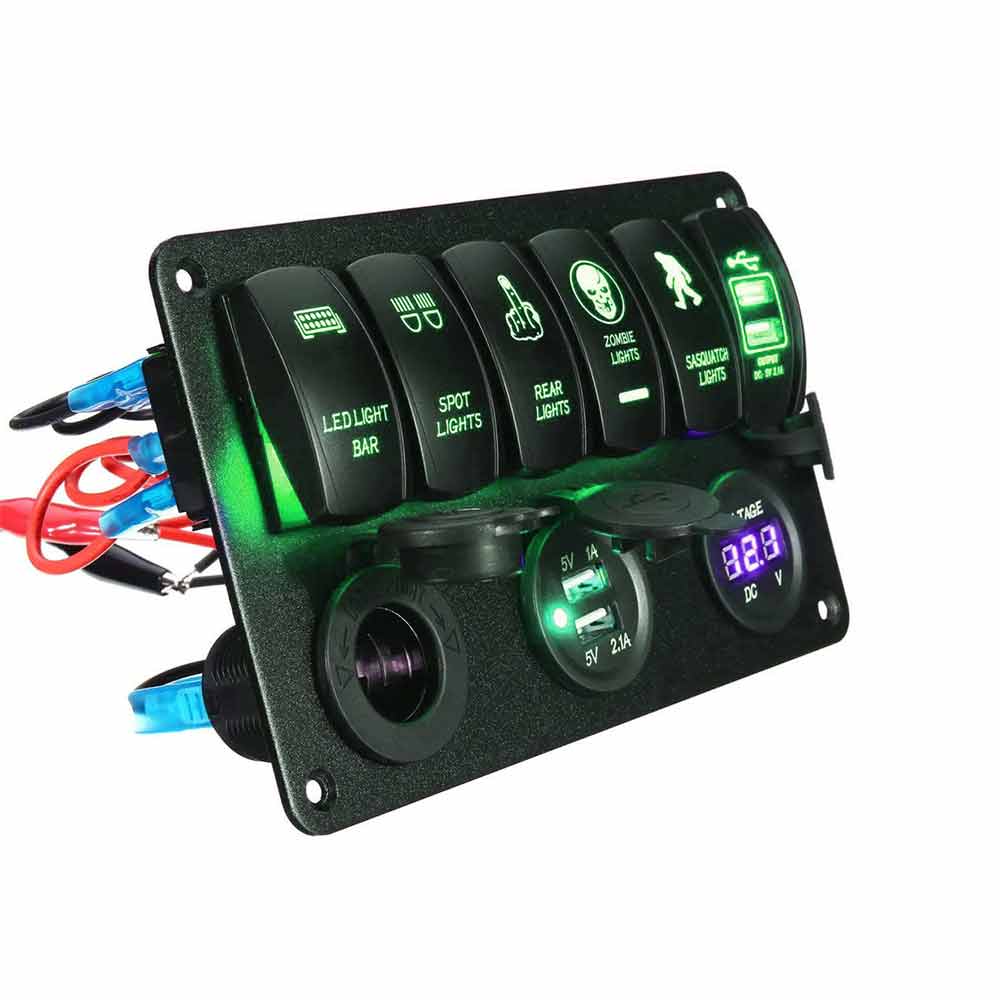 Panel de interruptor basculante para vehículo RV, resistente al agua, voltímetro de 6 vías, puerto USB Dual, encendedor de cigarrillos DC12V/24V, luz LED verde