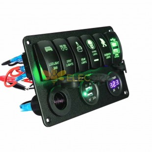 Waterproof Vehicle RV Toggle Rocker Switch Panel 6 Way Voltmeter Dual USB Port Cigarette Lighter DC12V/24V Green LED Light
