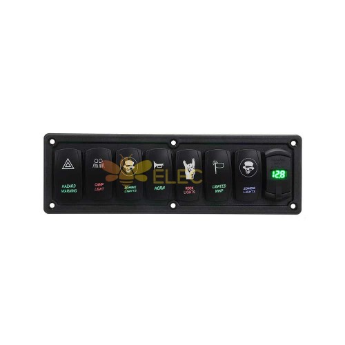Panel de interruptores estilo yate con interruptores de control de alimentación de 5 pines impermeables de 7 vías, carga USB dual 12-24V universal - luz verde