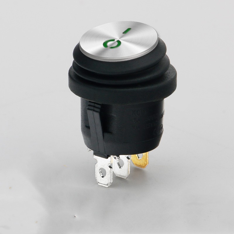 Round Waterproof Switch 12V/20A Stainless Steel Face Scratch-resistant 2 Gears 3 Pins LED Light Automotive Motorcycle Modification Green Illuminated 12V