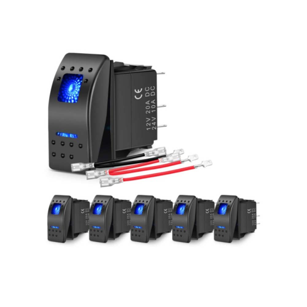 Universal 5-Pin 12V/20A Boat Rocker Switch with Blue LED and Blue 2 Modes