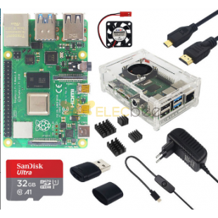 2GB RAM Raspberry Pi 4B + Cover Box + Power Supply + 32/64GB Memory Card +Micro HDMI DIY Kit 32G EU Plug