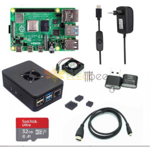 4GB RAM Raspberry Pi 4B + 黑色保护盒 + 电源 + 32/64GB 存储卡 +Micro HDMI DIY 套件 AU Plug Without Card