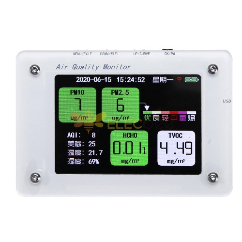 PM2.5 TVOC CO2 HCHO AQI Haze Detector de formaldeído Monitor de temperatura e umidade com suporte a cartão TF Função WIFI