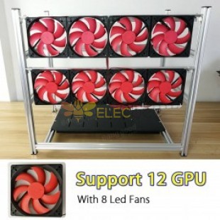 Aluminum 12 GPU Open Air Mining Rig Frame Case With 8 LED Fans For ETH Ethereum