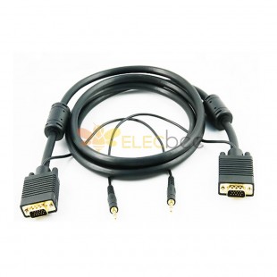 SVGA Connector Male to Male 15 Pin Straight D-Sub Cable With 3.5 Stereoscopic Plug and Magnetic Ring