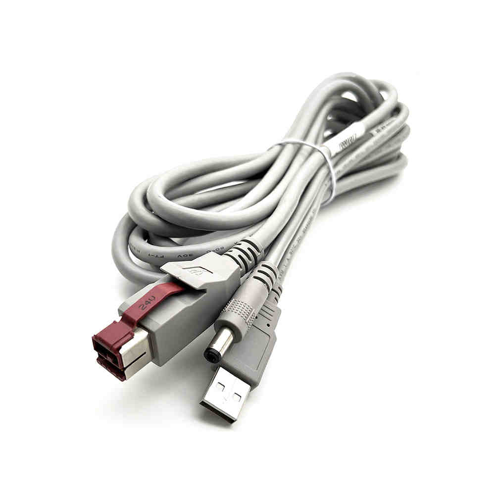 POS Terminal Data Cable POWERED USB 24V to USB2.0 to DC5.5 Beige PVC Coating