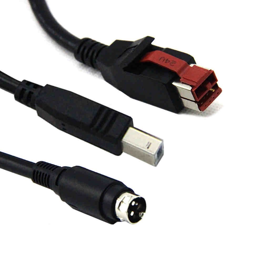 Cabo de conexão USB alimentado por 24 V para DIN 3P + USB tipo B em forma de Y para POS