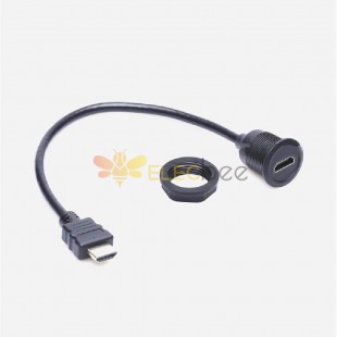 Plugue HDMI 2.0 para soquete fêmea para montagem em painel parafusável diâmetro 22 mm cabo de extensão 30 cm