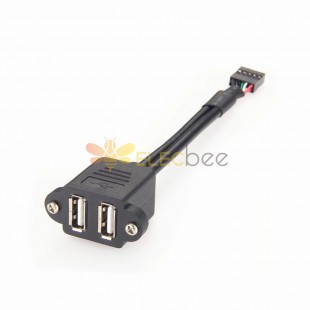 Panel Mount Dual USB Type A 2.0 Socket to 10-pin header 2 in 1 Cable Extension 20cm