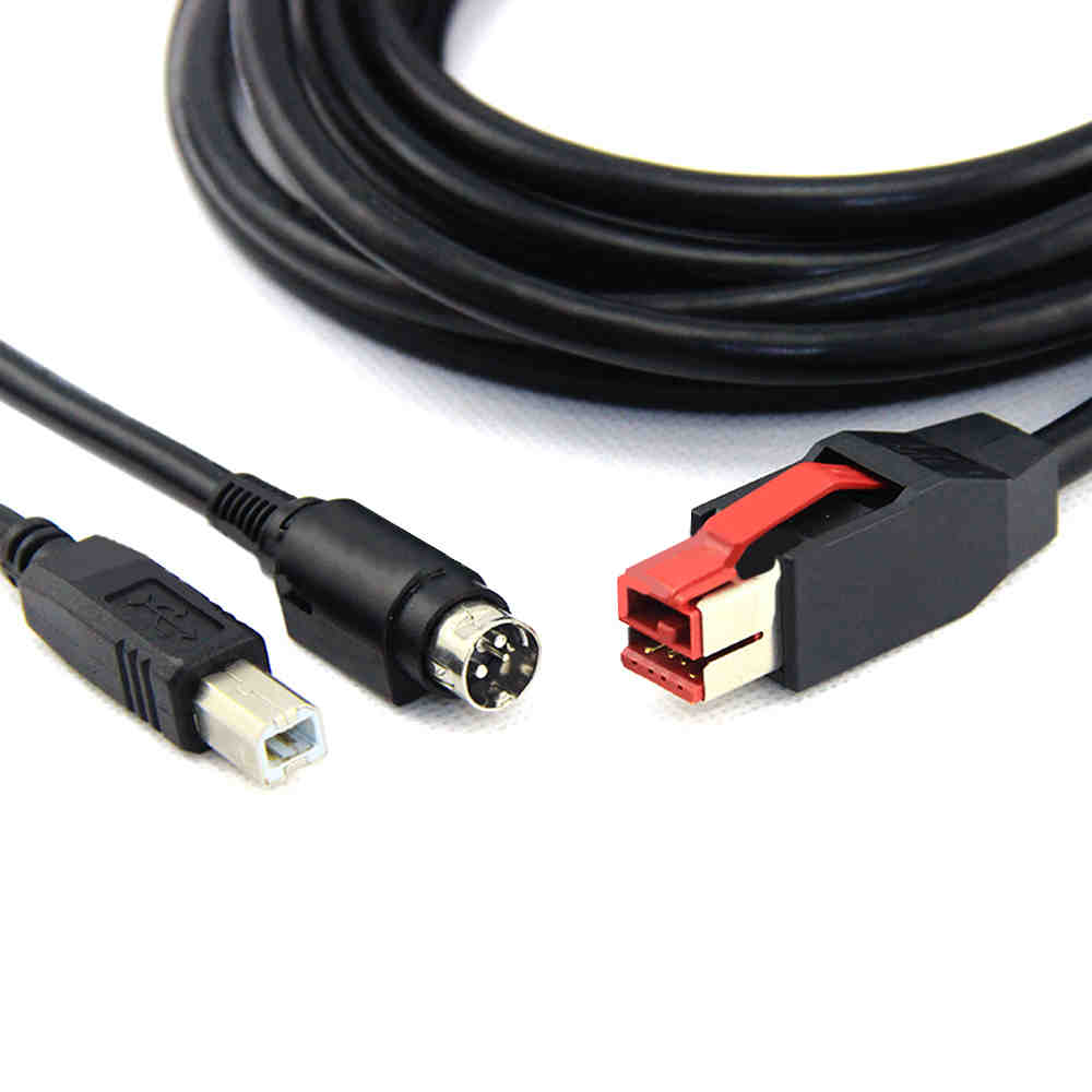 Cabo USB alimentado 24 V para USB Tipo B + Hosiden Power DIN 3 pol.
