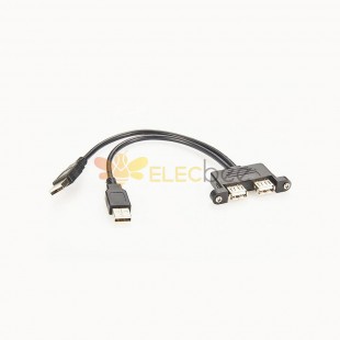 タイプ A デュアル USB 2.0 オス - メス延長ケーブル 30cm、ネジパネル取り付け穴付き