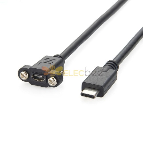 USB 3.1 Type C オスコネクタ - Micro USB 2.0 5ピンメス延長ケーブル 50cm ネジ付き パネルマウント穴
