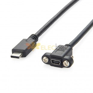 USB 3.1 Type C オスコネクタ - Mini USB 2.0 メス延長データケーブル 50cm ネジ付き パネルマウント穴