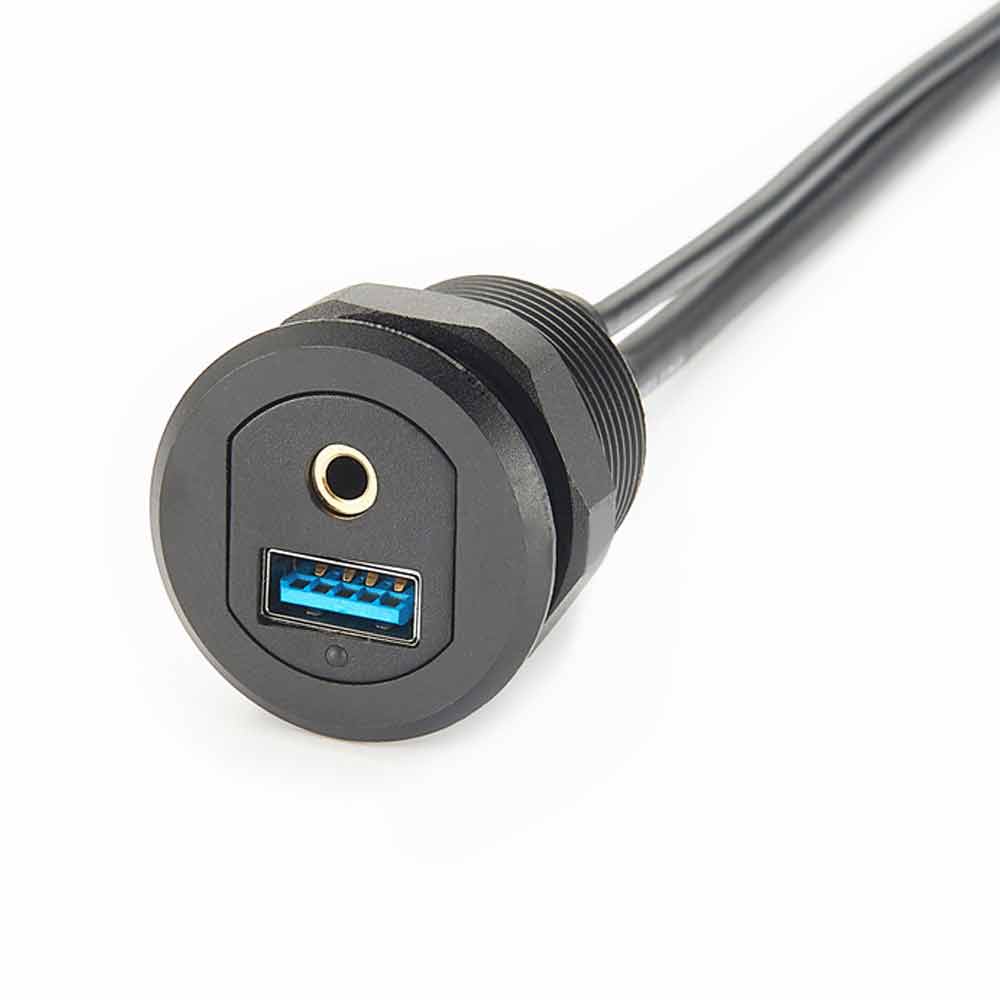 USB Flush Mount 3.5mm USB3.0 AUX Extension Cable - Round Panel Mount Cables