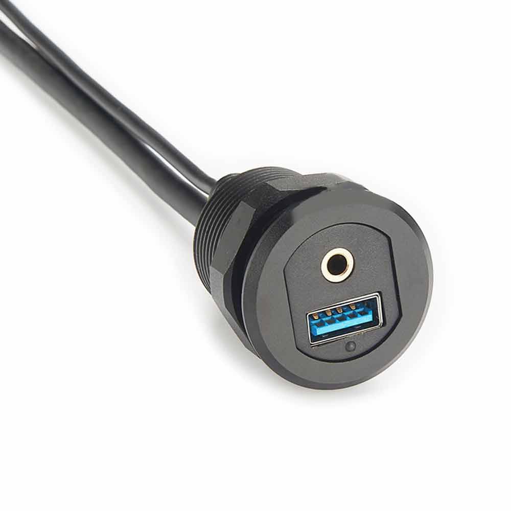 USB Flush Mount 3.5mm USB3.0 AUX Extension Cable - Round Panel Mount Cables