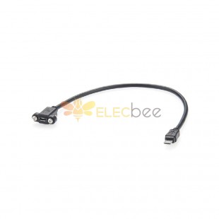 USB Micro B母插座面板安裝轉公插頭延長線帶安裝耳螺絲數據線充電黑色線 30CM