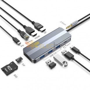 10 في 1 USB Type C HUB مع 8K HDMI DP + USB 3.0 Ports + SD / TF Card Reader، Multiport Adaptor
