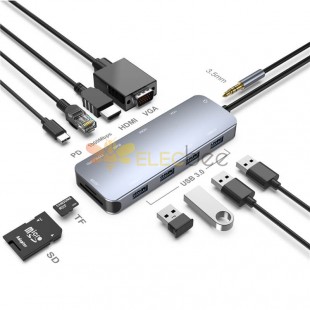 محور USB C متعدد الوظائف 11 في 1 يدعم منفذ شاحن HDMI VGA LAN PD
