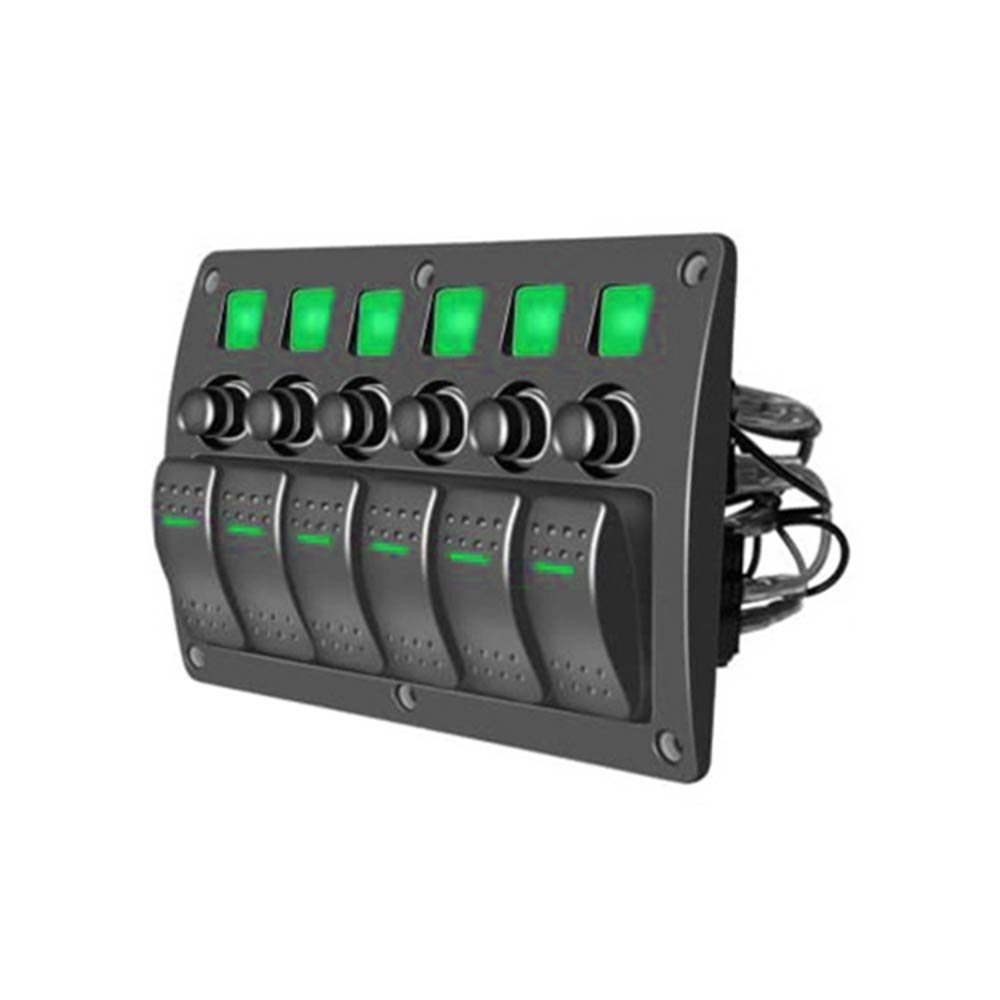 Эффективная панель управления питанием с 6 переключателями для жилых автофургонов и морского использования, 12–24 В постоянного тока с защитой от перегрузки (зеленый свет)