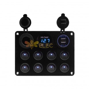 12V Waterproof Car Boat Switch Panel with 8 Way Rocker Switches Dual 4.2A USB Ports Voltmeter Blue Light