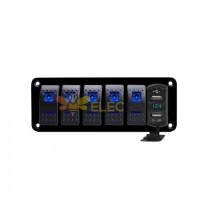 5-Gang-Steuerschalter für Auto, Yacht, Boot, mit Dual-USB-Autoladegerät, Spannungsanzeige, DC12–24 V, blaues Licht