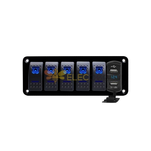 5-Gang-Steuerschalter für Auto, Yacht, Boot, mit Dual-USB-Autoladegerät,  Spannungsanzeige, DC12–24 V, blaues