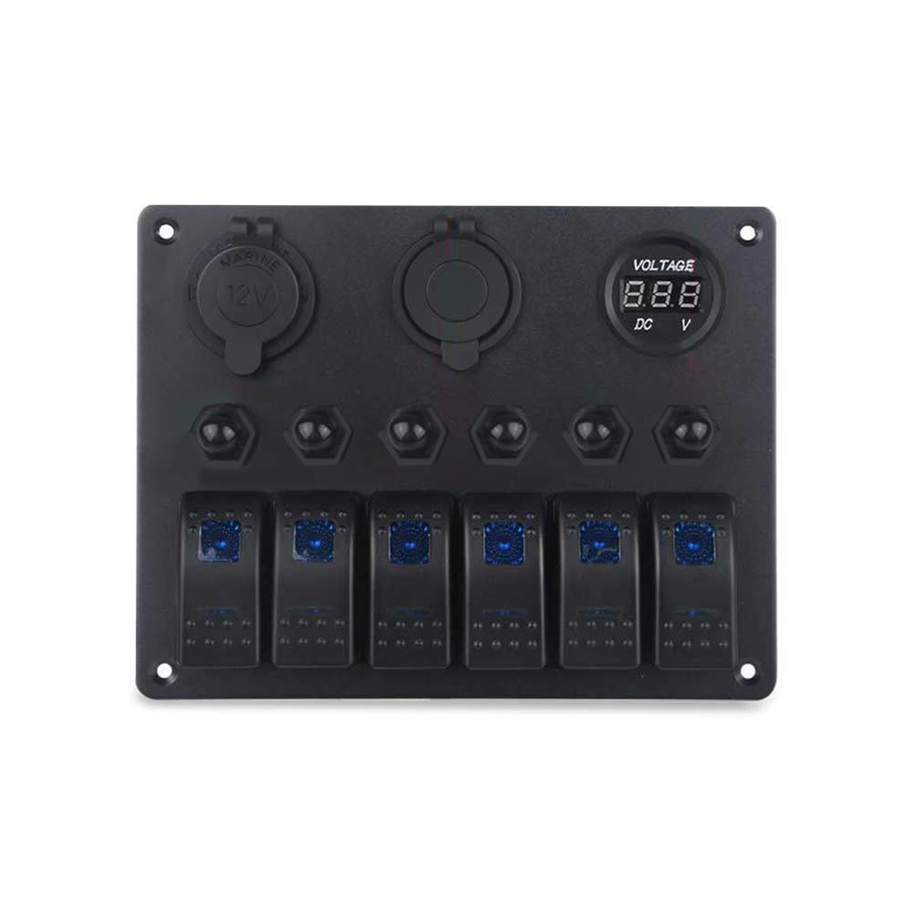 6 Gang Car Switch Panel with Overload Protector Dual USB Cigarette Lighter Voltage Display - Blue Light