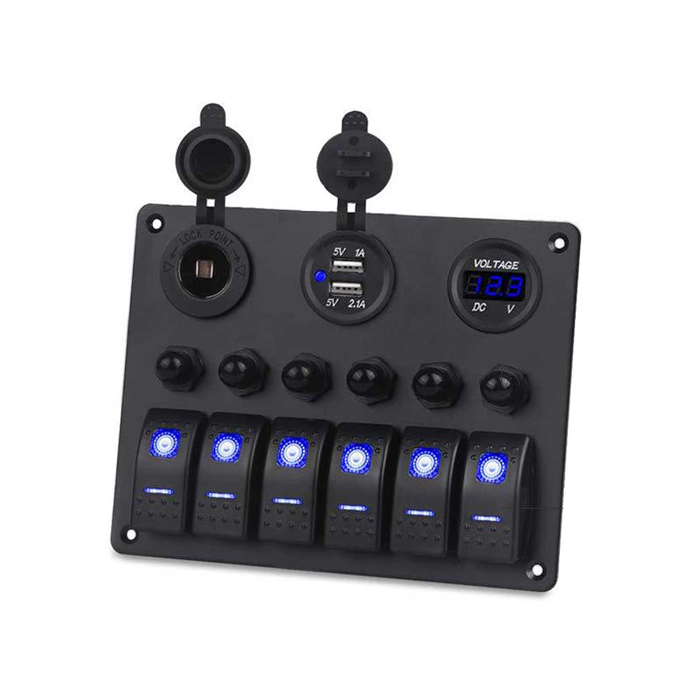 6 Gang Car Switch Panel with Overload Protector Dual USB Cigarette Lighter Voltage Display - Blue Light