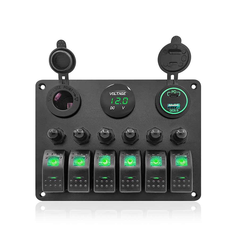 6 Gang Combination Switch Panel with Overload Protector Dual USB Voltage Display Suitable for Bus Tour Sightseeing Vehicles- Green Backlight