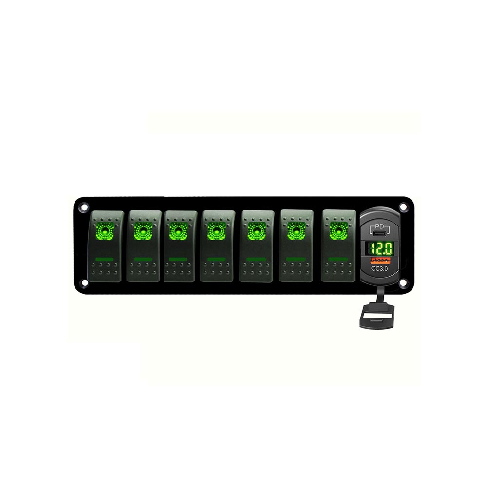 Panel de interruptor combinado impermeable de 7 circuitos para barco de coche con puertos USB duales QC3.0+pantalla digital PD - retroiluminación verde