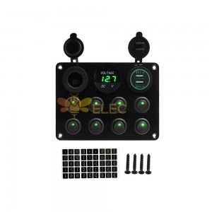 8 Schalter 12V wasserdichtes Auto-Boot-Panel mit zwei USB-Anschlüssen grün beleuchteter Spannungsmesser Cat-Eye-Schalter