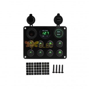 8 Switch 12V Waterproof Car Boat Panel with Dual USB Ports Green Illuminated Voltage Meter Cat Eye Switches