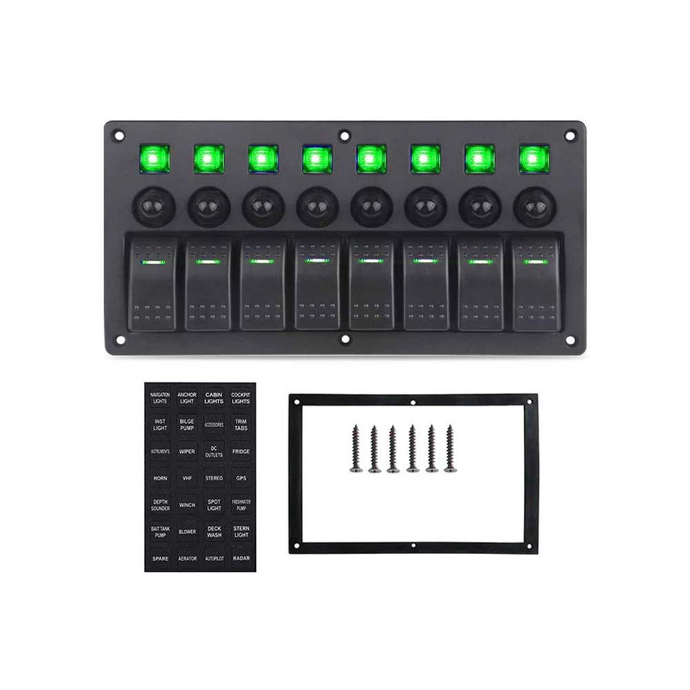 8 Way Car RV Yacht Boat Control Panel with Combination Switches Overload Protection DC12V 24V Green LED