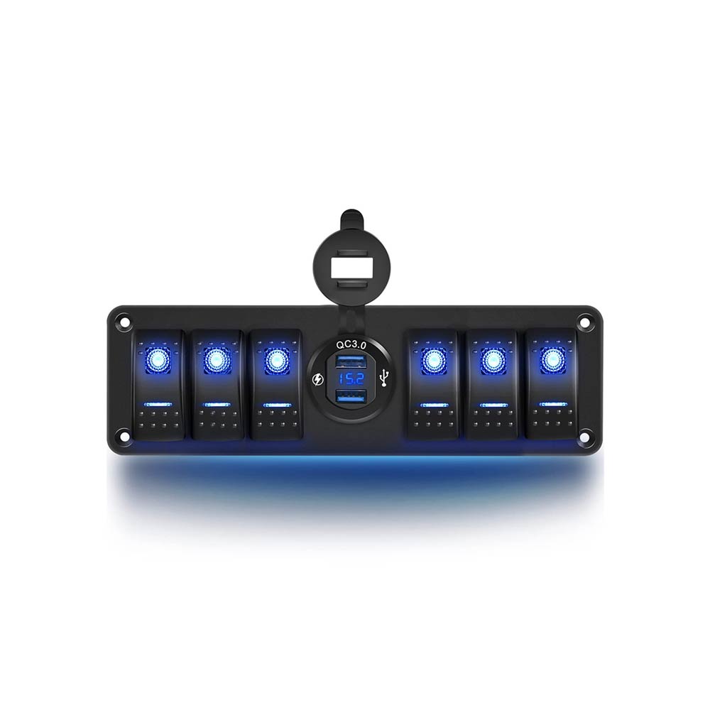 Pannello di controllo automobilistico per yacht e barche con interruttore combinato a 6 vie Doppio display USB per auto QC3.0 ad alta velocità DC12-24V - LED blu