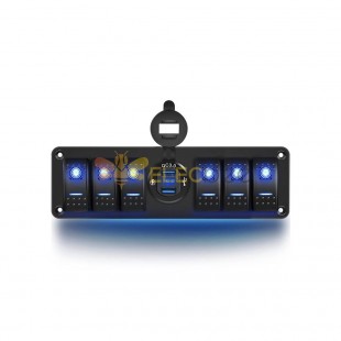 Automotive Yacht Boat Control Panel with 6 Way Combination Switch Dual USB Car High-Speed QC3.0 Display DC12-24V - Blue LED