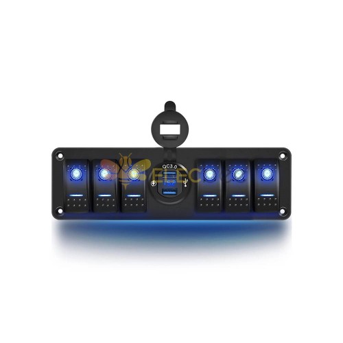 Automotive Yacht Boat Control Panel with 6 Way Combination Switch Dual USB Car High-Speed QC3.0 Display DC12-24V - Blue LED