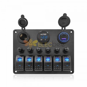 Bus Tour Sightseeing Vehicle Dedicated Rocker Switch Panel with Overload Protector Dual USB Voltage Display 6 Gang Combination Switch - Blue Light