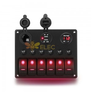 Car Dual USB Cigarette Lighter Voltage Display with Overload Protector 6 Gang Combination Switch Panel - Red Light