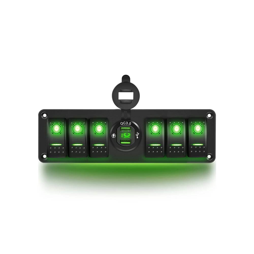 Pantalla QC3.0 de alta velocidad USB dual para automóvil + interruptor combinado de 6 vías adecuado para control de yates y barcos automotrices DC12-24V Luz de fondo verde