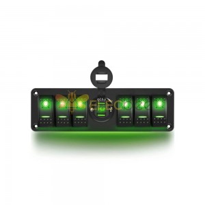 Car Dual USB High-Speed QC3.0 Display + 6 Way Combination Switch Suitable for Automotive Yacht Boat Control DC12-24V Green Backlight