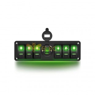 Pantalla QC3.0 de alta velocidad USB dual para automóvil + interruptor combinado de 6 vías adecuado para control de yates y barcos automotrices DC12-24V Luz de fondo verde