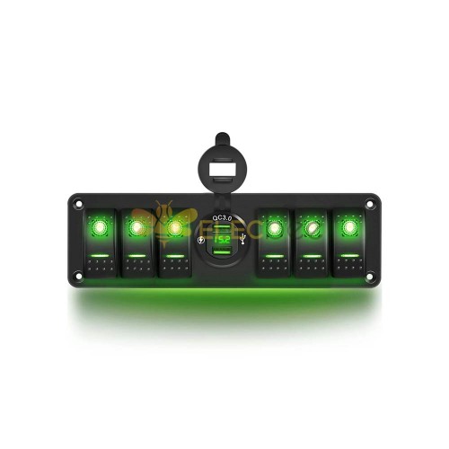 Auto-Dual-USB-Hochgeschwindigkeits-QC3.0-Display + 6-Wege-Kombinationsschalter, geeignet für die Steuerung von Automobil-Yachtbooten, DC12–24 V, grüne Hintergrundbeleuchtung
