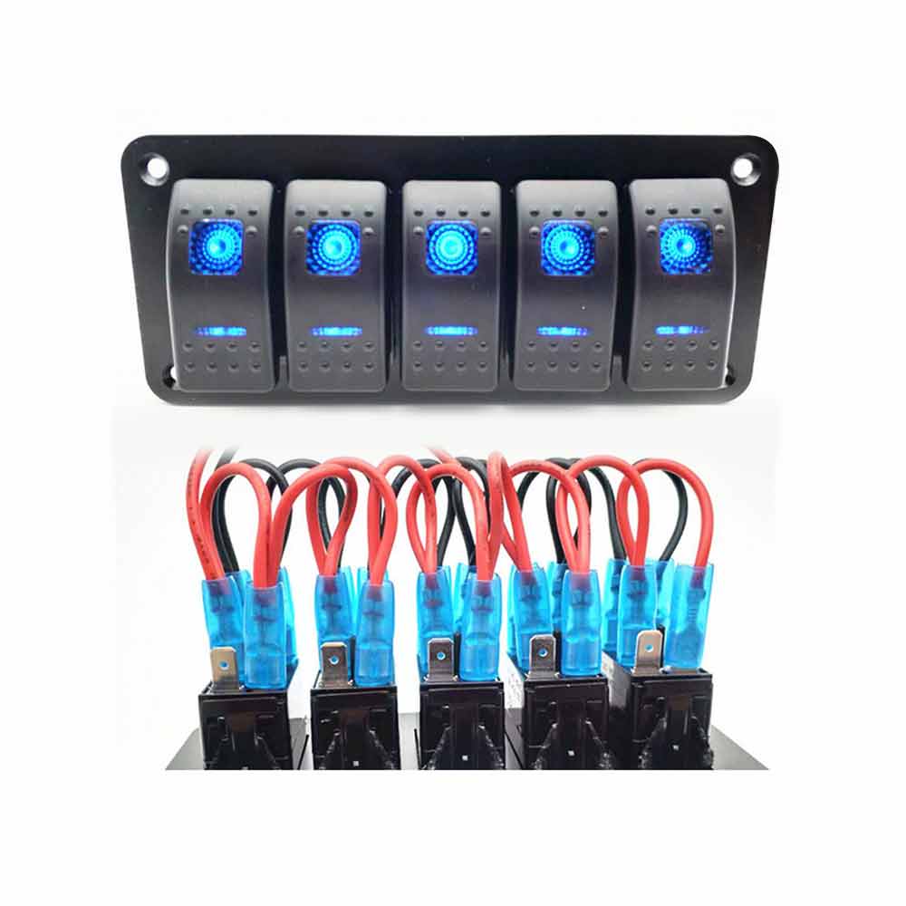 Marine Multi-Function 5 Switch Panel Suitable for Boats Yachts Motorcycles Fishing Vessels DC12-24V Blue Illumination
