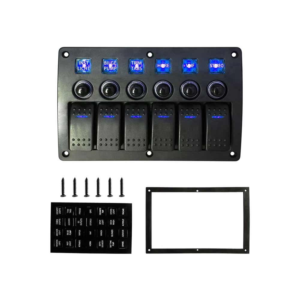 RV Marine 6 Gang Rocker Switch Panel with DC12-24V Power Control Overload Protection (Blue Light)