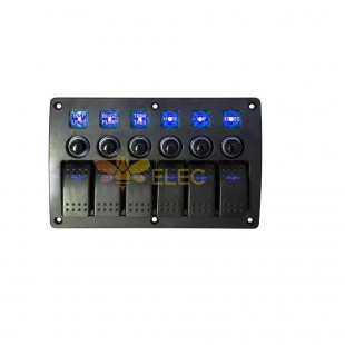 RV Marine 6 Gang Rocker Switch Panel with DC12-24V Power Control Overload Protection (Blue Light)
