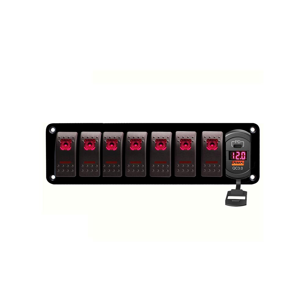 Panel de interruptor impermeable universal de 7 canales con puertos USB gemelos QC3.0 + pantalla digital PD para marina automotriz - luz de fondo roja