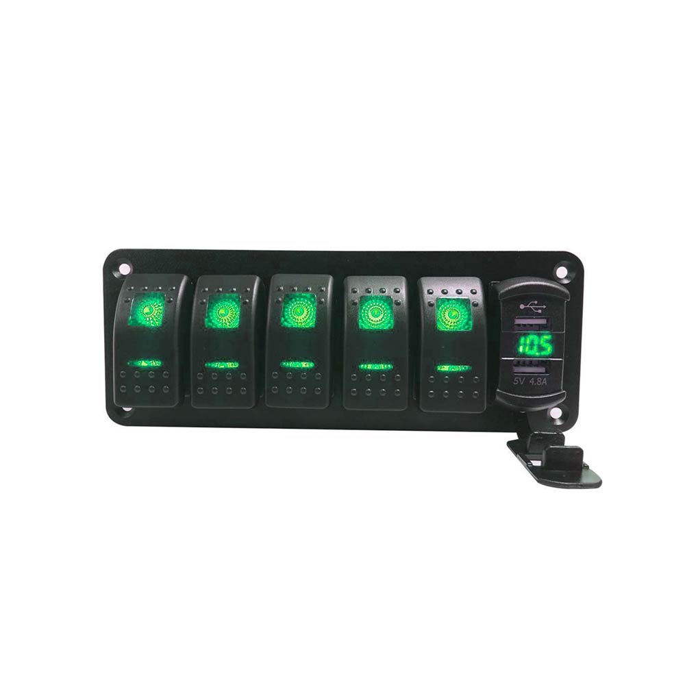 DC12-24V Yeşil Işık için Uygun Çift USB Şarj Gerilim Göstergesi ile Araç 5 Yollu Kombinasyon Kontrol Anahtarı