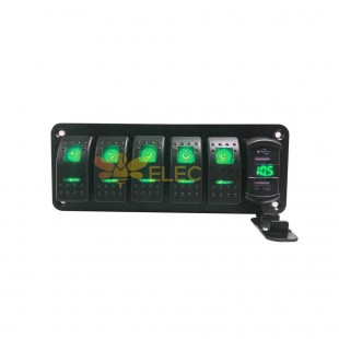 Interruptor de controle de combinação de 5 vias para veículo com indicador de tensão de carregamento USB duplo adequado para luz verde DC12-24V
